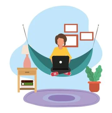 Working at home, man using laptop in hammock, people at home in quarantine 스톡 일러스트