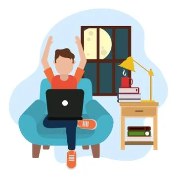Working at home, man using laptop on chair at night, people at home in Stock Illustration