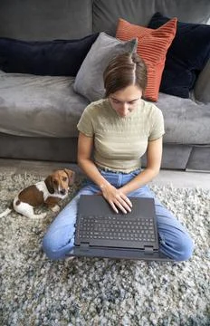Working at Home with pet Stock Photos