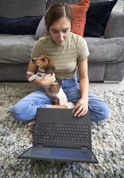 Working at Home with pet Stock Photos