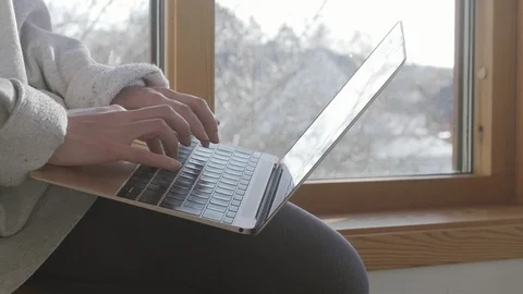 Working From Home - Self Quarantine - Typing On Laptop - Student Homework Stock Footage 126981506