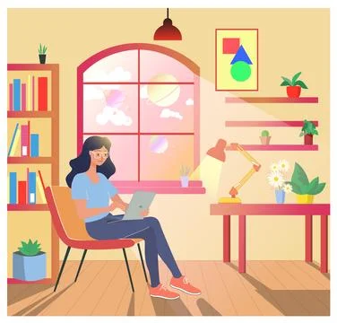 Working from home. Vector illustration, Young Woman sitting on armchair in he Stock Illustration