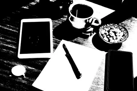 Working from home, workspace with notebook and laptop, coffee and plants Stock Photos