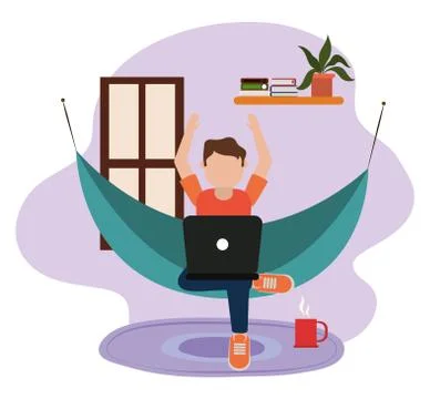 Working at home, young man using laptop on hammock in room, people at home in Illustrazione stock