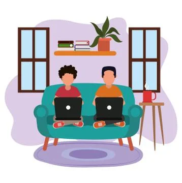 Working at home, young men in sofa using laptop, people at home in quarantine Illustrazione stock