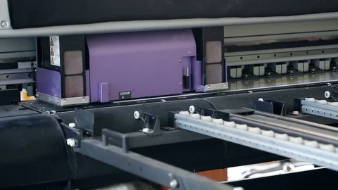 Working industrial large format UV printer for printing on big plastic panel. Pr Stock Footage 75992651