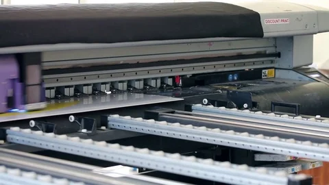 Working industrial large format UV printer for printing on big plastic panel. Pr Stock Footage 75992931
