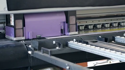 Working industrial large format UV printer for printing on big plastic panel. Pr Stock Footage 75993389