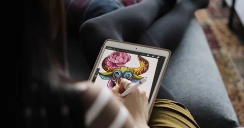 Working with interactive pen display, digital Drawing tablet and Pen. close up Stock Footage 104086345