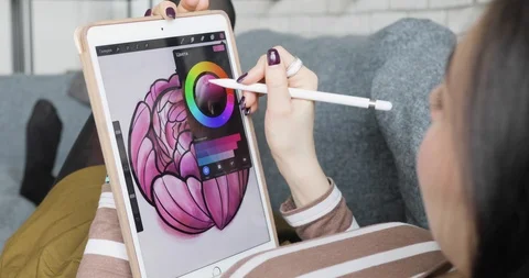 Working with interactive pen display, digital Drawing tablet and Pen. close up 스톡 동영상 104087207