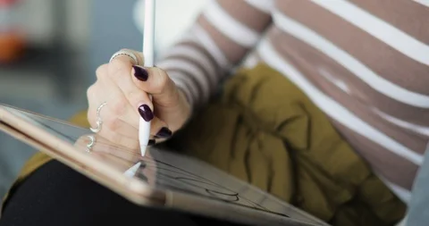 Working with interactive pen display. Drawing on a graphics tablet. close up Stock Footage 104086527