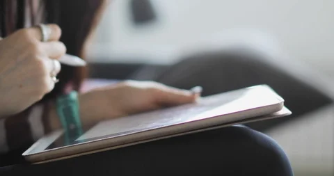 Working with interactive pen display. Drawing on a graphics tablet. close up Video stock 104086735