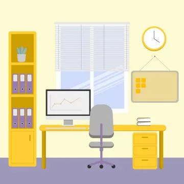 Working interior with a computer and a cabinet. Bright office with a window イラスト素材