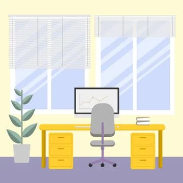Working interior with a computer and a flower. Cabnet bright with a window イラスト素材