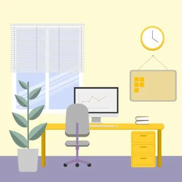 Working interior with a computer and a flower. Bright office with a window Stockillustratie