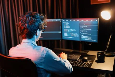 Working IT developer concentrating online software at neon light room. Gusher. Stockfoto's