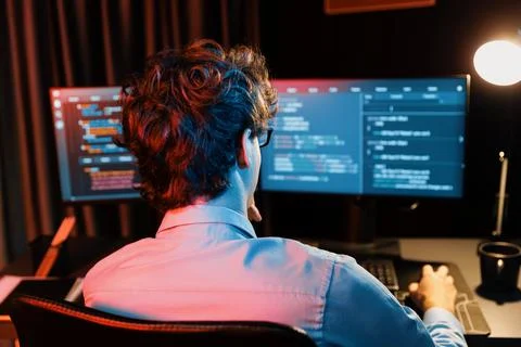 Working IT developer concentrating online software at neon light room. Gusher. 스톡 사진