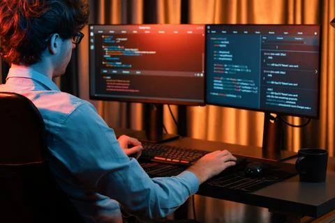 Working IT developer concentrating online software at neon light room. Gusher. Stockfoto's