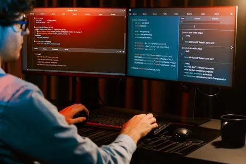 Working IT developer concentrating online software at neon light room. Gusher. 스톡 사진