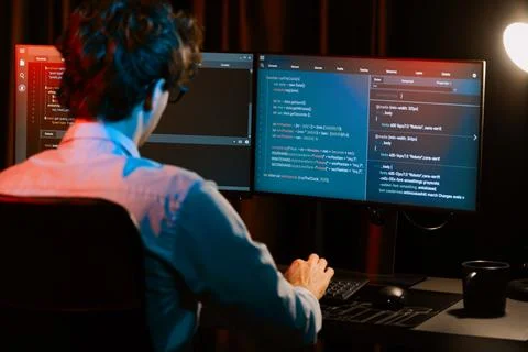 Working IT developer concentrating online software at neon light room. Gusher. 스톡 사진