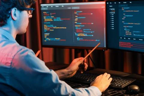 Working IT developer pointing with pencil on online software coding. Gusher. Foto stock