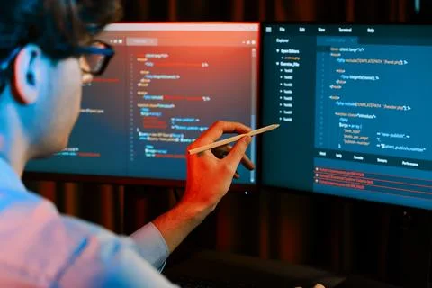 Working IT developer pointing with pencil on online software coding. Gusher. Stock Photos