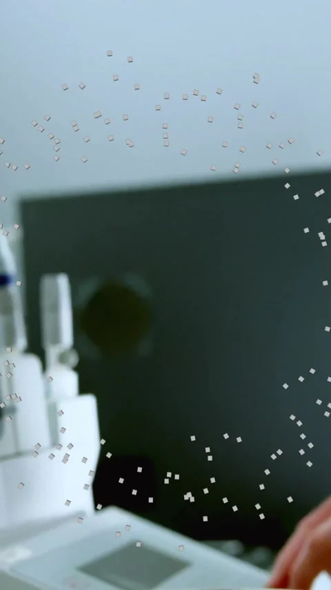 Working in laboratory, scientist analyzing data with animation overlaying scene Stock Footage 319617454