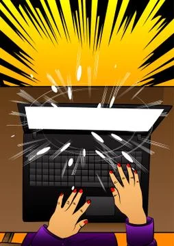 Working on a laptop computer from top view - comic book style, cartoon vector Stock Illustration