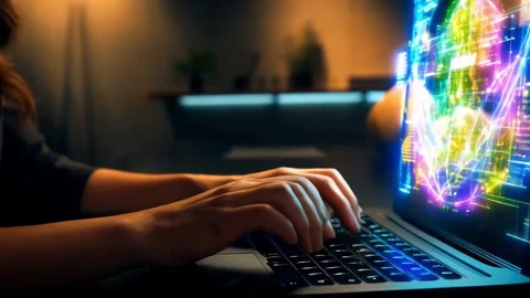 Working on a laptop to create an abstract interactive experience. Stock Footage 296808390