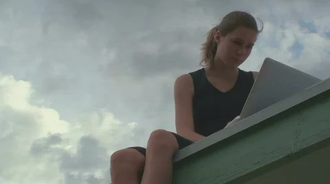 Working On Laptop Sun Deck Stock Footage