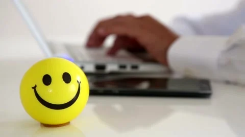 Working laptop Writing smile happy man touch typing Stock Footage
