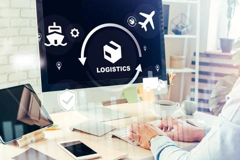 Working on logistics planning with computer in modern office setting during Stock Photos