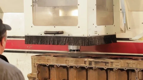 Working looking for work lathe. engine block repair process. electronic lathe. Stock Footage 78184001