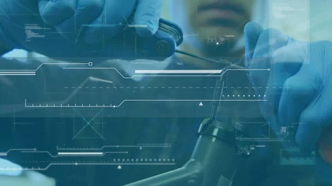 Working on machinery, technician using animation with digital interface in Video stock 303528048