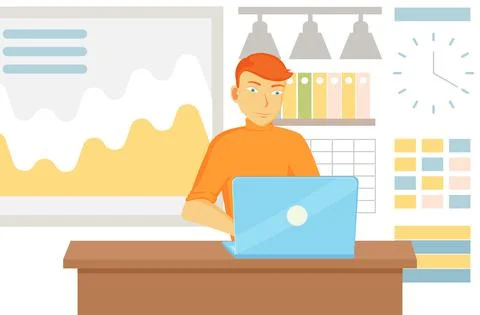 Working male character employee in office sitting at table with computer typing Stock Illustration