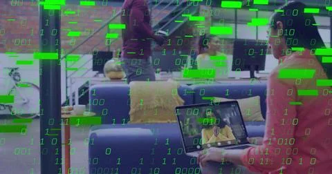 Working man in coral-top using laptop in lounge, sofa, bicycle, binary overlay, 스톡 사진
