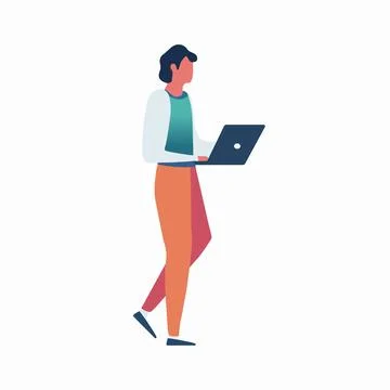 Working man hold laptop in hands isolated on white background Stock Illustration