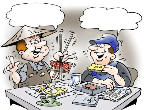 Working man practicing in eating with chopsticks Stock Illustration