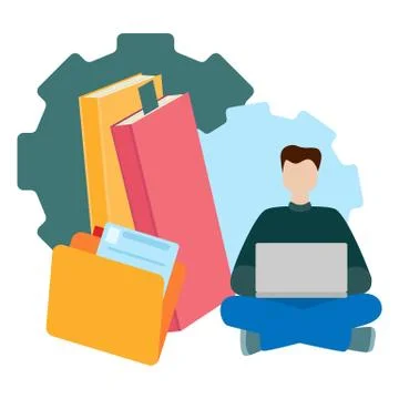 Working man sitting with a computer. Social network concept. Freelance remote Stock Illustration