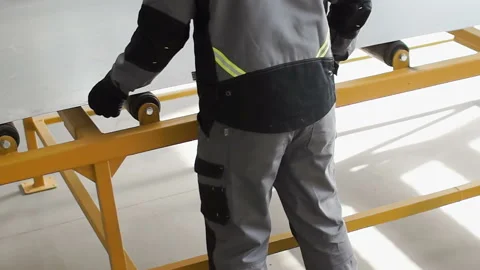 Working man in specialized clothing is rolling a sheet of metal on a machine Stock Footage 88331224