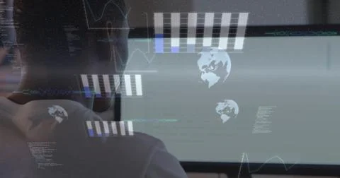 Working man wearing light tee studying code on monitor at desk, digital Stock Photos