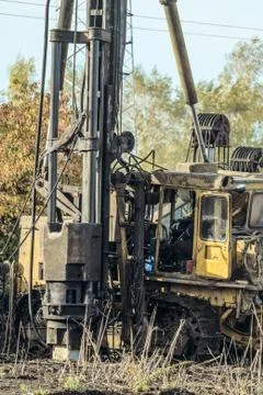 Working mobile pile driving on the basis of a crawler all-terrain vehicle Stock Photos