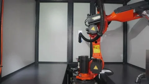 Working modern robot arm mechanic power information process steel service d.. Stock Footage 272772241
