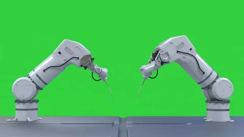 Working modern robot arm mechanic power information process steel service 스톡 동영상 334587150