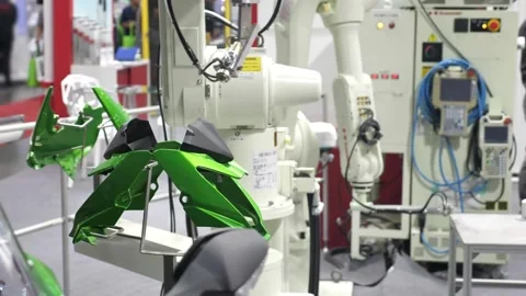 Working modern robot arm mechanic power information process steel service Stock Footage 334587302