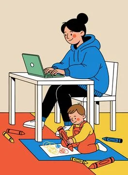 Working Mom with Child Drawing Illustration