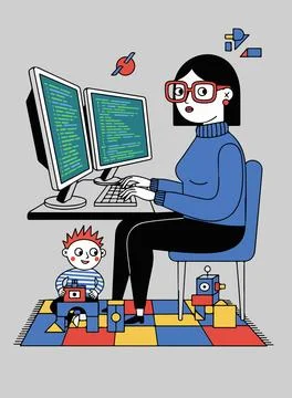 Working Mom with Child Stock Illustration