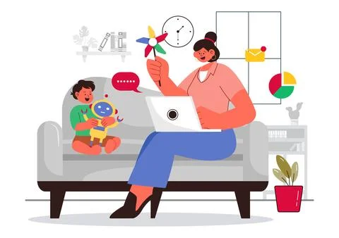 Working Mom's Life Vector Illustration Featuring a Mother Balancing Work an.. Stock Illustration