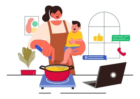 Working Mom's Life Vector Illustration Featuring a Mother Balancing Work an.. イラスト素材