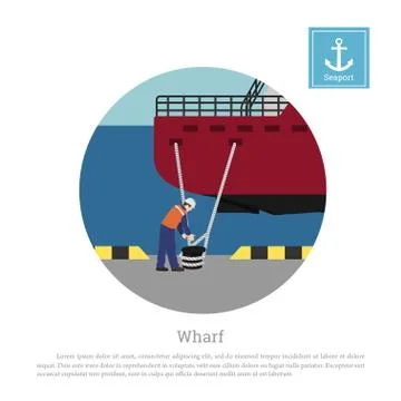 Working mooring ship in port. Cargo vessel at the pier Stock Illustration